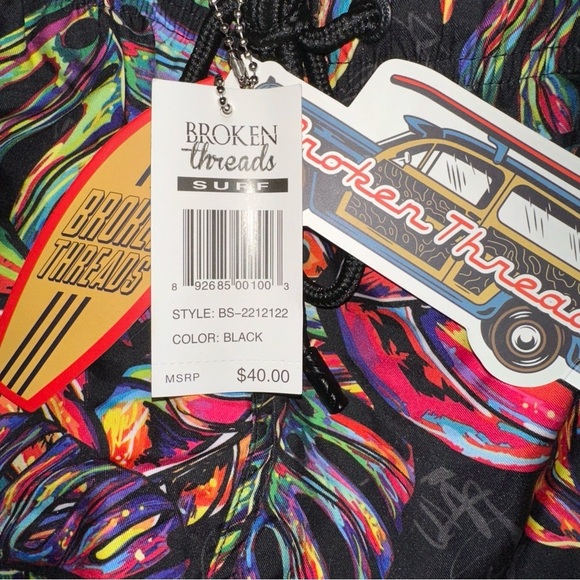 Broken Threads Shorts Small Black Tropical Leaf Print Mens Hawaiian Board Shorts - Picture 5 of 7